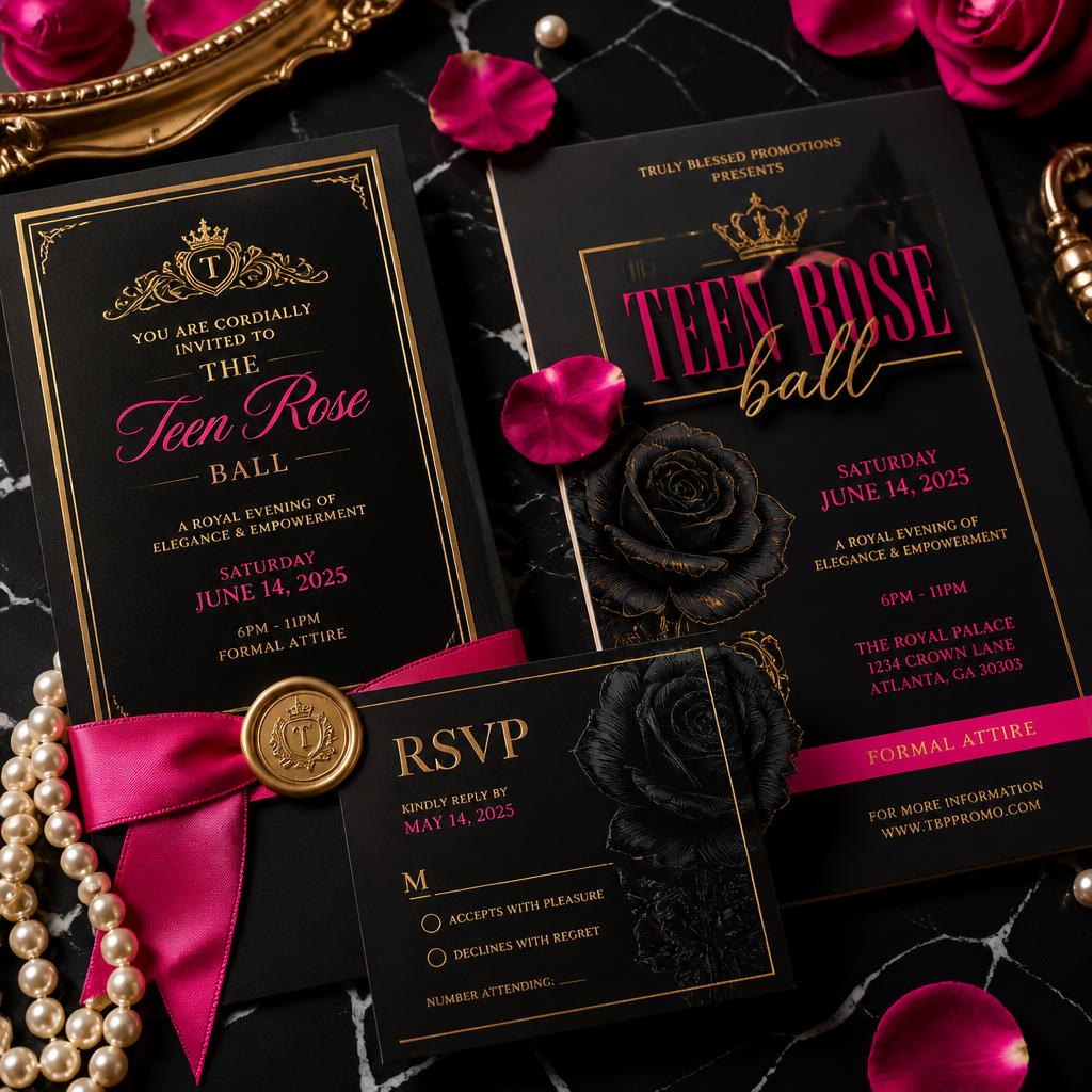 Black and gold luxury event invitation suite with hot pink foil