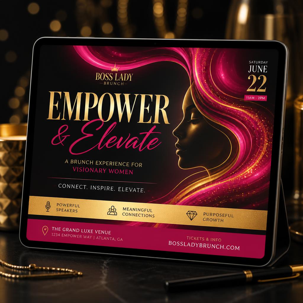 Luxury event flyer graphic displayed on a tablet