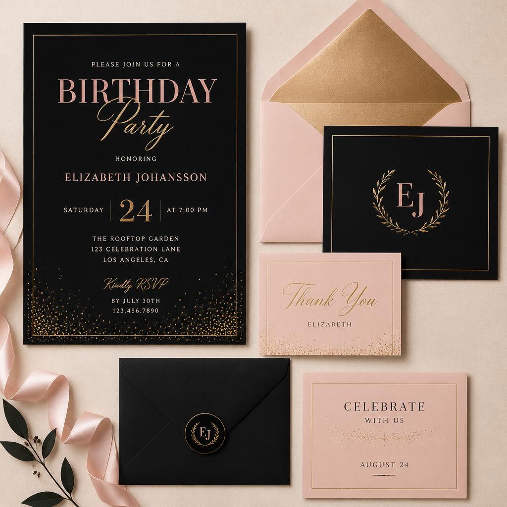 Blush and gold birthday stationery suite flat lay
